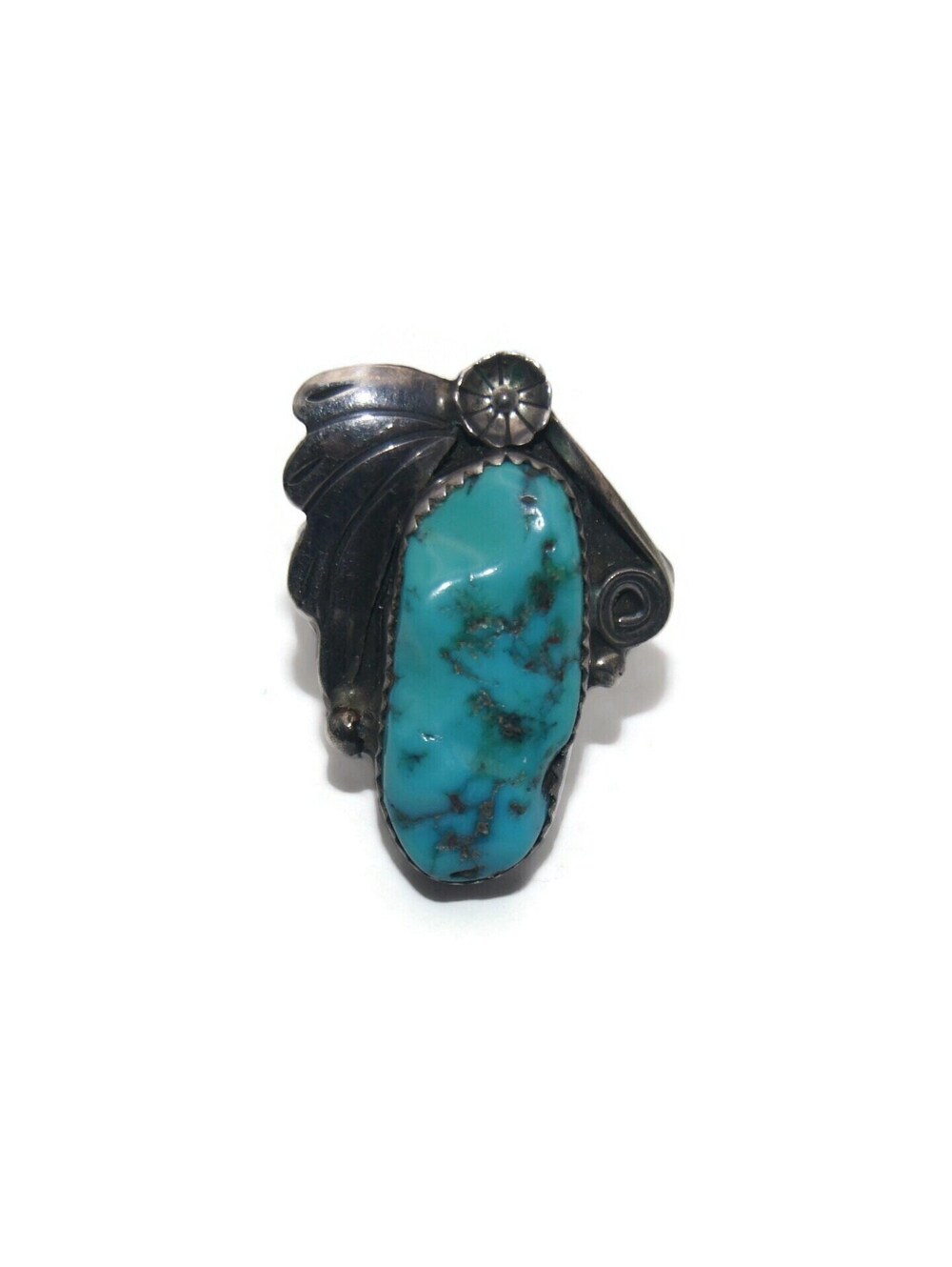 VTG Native American Sterling Silver & Blue Turquoise Squash Blossom Size 7 Ring.